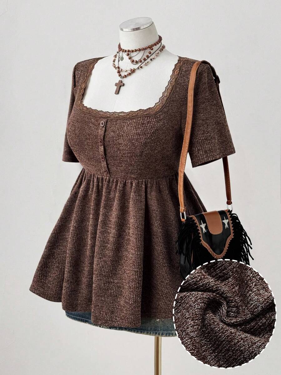 Sunspun Áo len cổ thuyền tay ngắn co giãn cao, cài nút peplum lông nhân tạo thường ngày cỡ lớn cho nữ, màu nâu cà phê, phong cách cổ điển thanh lịch cho các buổi hẹn hò và tụ tập - màu nâu - Xem 1