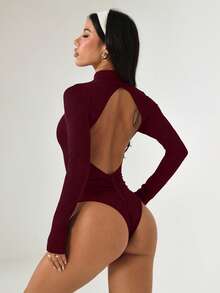 Dewbera Fashionable Solid Color Versatile Mock Neck Long Sleeve Jumpsuit, Autumn - Burgundy - View 3