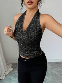 Elenzga Áo hai dây hở lưng cổ chữ V đính sequin lấp lánh cỡ lớn có khoét lưng, trang trí vòng kim loại, phong cách tối giản thanh lịch kiểu Pháp, thích hợp cho Halloween, Giáng sinh, Lễ tạ ơn, Trà chiều, Tiệc tùng, Những dịp bán trang trọng, Thu/Đông - màu đen - Xem 4