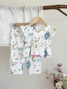 SHEIN 女婴阿拉伯风格服装，两件套春季女童休闲可爱日常穿搭套装，月亮和星星印花宽松套装，短袖基础款上衣和长款基础款裤子 - 白色 - 查看 5