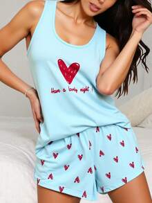 Conjunto de Pijama com Regata e Shorts com Estampa de Coração e Slogan - Azul - Visão 3