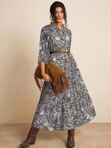 Freevana Plus Size Women Paisley Print Notched Neck Ruffle Sleeve Casual Vacation Dress, Spring/Autumn - Apricot - View 4