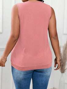 EMERY ROSE Plus Size Square Neck Knit Top, Minimalist Sleeveless 2 In 1 Soft Knit Sequin Patchwork Cinched Waist Loose Casual Camisole And Tank Top - Pink - View 2