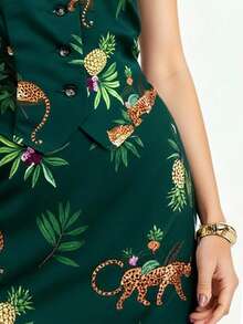 CAJUNI Gonna corta casual da donna per vacanze, con stampa tropicale di leopardo verde scuro e foglie di ananas, adatta per appuntamenti, vacanze, feste, festival musicali, inizio della stagione scolastica - Verde Scuro - Visualizzare 6