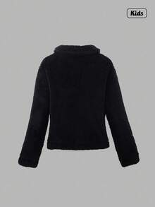 Sweetra 1 件 Tween Girl 纯色长袖领毛绒夹克