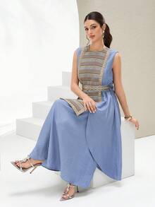 Al Najma Women's Fashionable & Elegant Sleeveless Arabic Style Dress - Blue - View 3