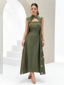 Al Najma Women's Floral Embroidered Mock Neck Elegant Arabic Dress - Green - View 6