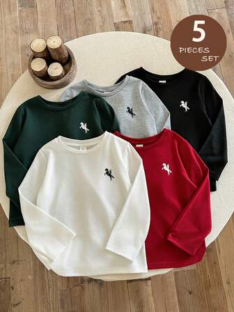 Set de 5 camisetas de manga larga multicolor suaves y versátiles, con estampado de caballos en colores contrastantes, adecuadas para el hogar y el exterior, para primavera/otoño/invierno