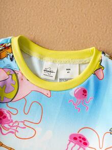 SpongeBob SquarePants | SHEIN 2pcs/Set Young Boy Ocean Cartoon Pattern Crew Neck Long Sleeve Top And Pants Knit Comfortable Casual Stretchy Pajama Set