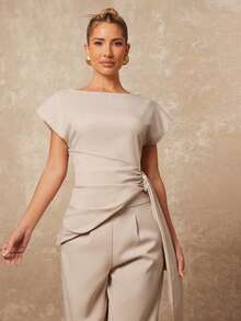 Lumalex Early Spring Asymmetric Neck Ruched Cinching Waist Tie Loose Straight Leg Women's Suit Set PreSpring Vacation Birthday Outfits Wedding VDayGiftGuide RomanticVDayOutfit Guest Wedding VDayGiftGuide RomanticVDayOutfit Party Summer Holiday Beach Outfits Luxury Look LuxeLooks QuietLuxe Prom Gathering Party Banquet Modest Old Money Coquette Rave Festival Richly Layered Party - Khaki - View 3