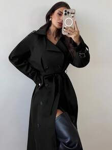 Firerie 女式卡其色翻领仿皮袖收腰双排扣中长款风衣，长袖防风衣，春秋冬，通勤，优雅，日常，工作服 - 黑色 - 查看 4