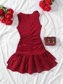 SHEIN Tween Girl Casual Elegant French Ruffle 3D Floral Decor Pleated Asymmetric Round Neck Sleeveless Fitted Short Dress, Princess Dress, New Year Party, Spring Outing, Daily Wear, Burgundy Dress For Tween Girls Mother-Daughter Matching, Tween Girls Sleeveless Dress, Red Teen Girls Dress, Tween Girl Burgundy Dress, Maroon Dress For Girl