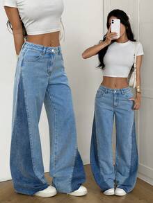 SHEIN PETITE Women's Casual Washed Color Block Distressed Flared Jeans, Winter Party Christmas New Year Two-Tone Denim Patchwork Design