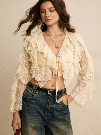 Poéselle Women's Lace Ruffle Tie-Front Crop Blouse – Ivory Long-Sleeve Romantic Boho Top For Cottagecore & Date-Night Looks Lace Ruffle Blouse Tie Front Crop Top Ivory Lace Top Romantic Boho Style Cottagecore Outfit Vintage Lace Blouse Long Sleeve Crop Top Women Date Night Tops Women's Lace Layered Ruffle Front Tie Long Sleeve Fashionable Blouse Summer Tops New Year Clothes Beach Outfit
