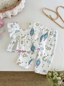 SHEIN 女婴阿拉伯风格服装，两件套春季女童休闲可爱日常穿搭套装，月亮和星星印花宽松套装，短袖基础款上衣和长款基础款裤子 - 白色 - 查看 2