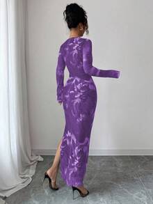 Elenzga Women's Elastic Mesh Floral Pattern Dress, Chic And Feminine Design With Criss-Cross Twist V-Neck, Bodycon Silhouette And Slit, Suitable For Daily Commute, Dates, Parties And Gatherings - Purple - View 2