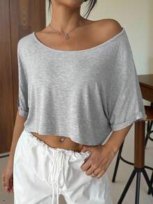 SHEIN EZwear 女士超大宽松针织单肩圆领 T 恤，灰色