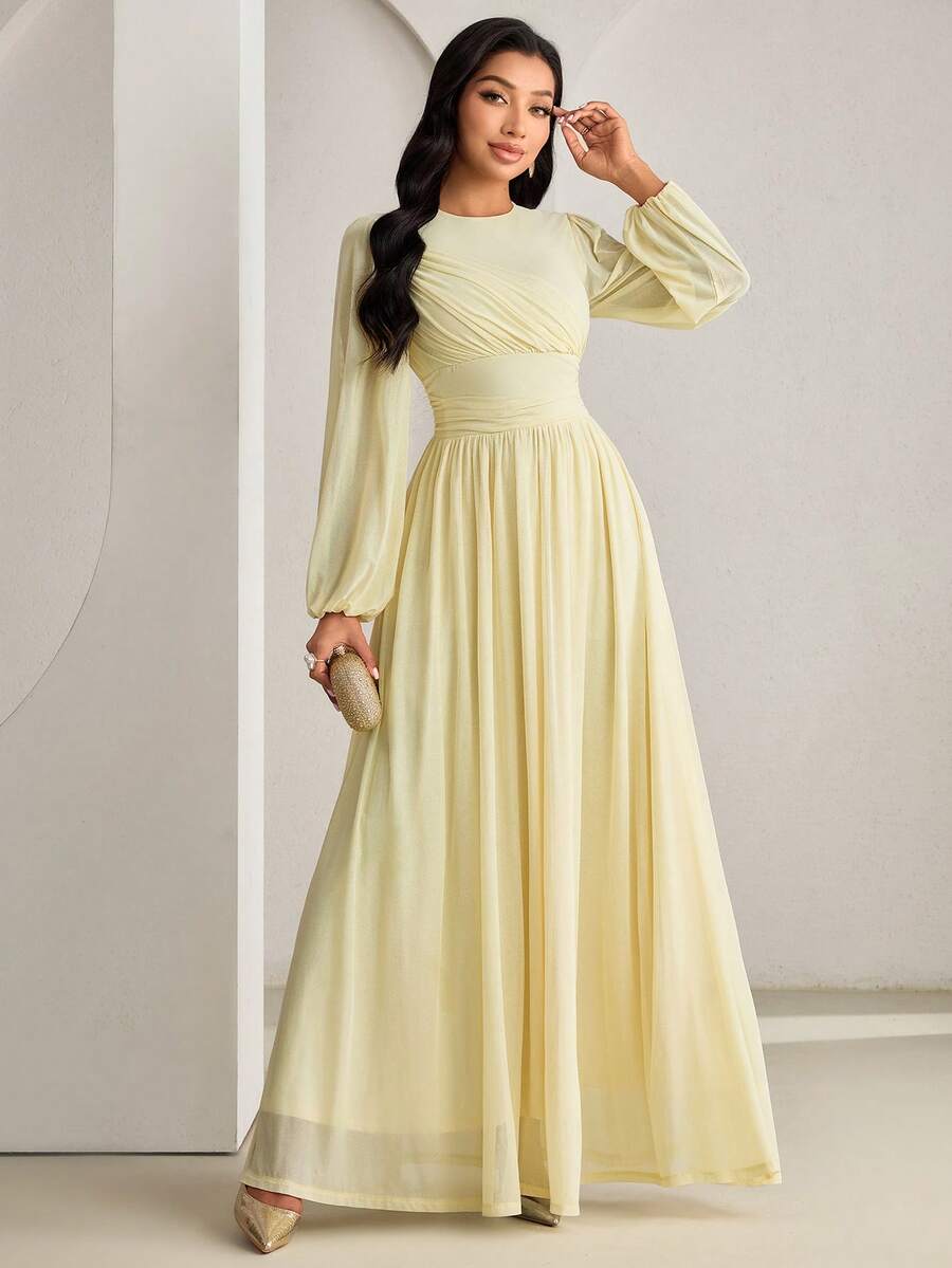 Veilorie New Design Pleated Cinched Waist Elegant Modest Flowy Everyday Dress For Parties Christening Guest Formal And Vacation Cream Winter - Yellow - View 1