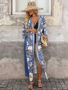 Brillora Áo choàng Kimono dài in họa tiết cổ điển dành cho nữ, màu xanh lam - Màu xanh lam - Xem 5