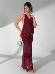 Cheriluna Maternity Váy chụp ảnh bà bầu quyến rũ, màu trơn, đính sequin, hở lưng dành cho bà bầu - Màu Đỏ Sâu - Xem 4
