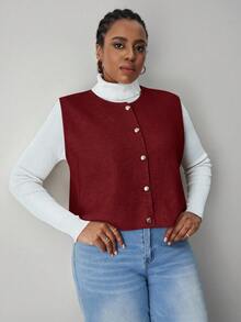 SHEIN Tall CURVE 大码女式休闲日常通勤简约纯色单排扣无袖针织上衣，秋冬款 - 酒紅色 - 查看 4