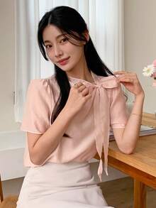 DAZY Women's Elegant Solid Color Bow Tie Short Sleeve Blouse Summer - Pink - View 6