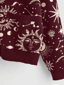 ROMWE Goth Áo khoác cardigan dệt kim Jacquard hình ngôi sao và mặt trăng bí ẩn dành cho phụ nữ ngoại cỡ, màu đỏ rượu vang - Màu Đỏ Sâu - Xem 4
