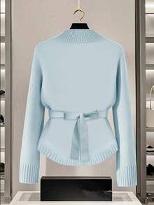 SHEIN Tall 女士蓝色毛衣，新款秋冬金属纽扣不对称开襟羊毛衫，百搭通勤风高领针织毛衣 - 彩色 - 查看 2