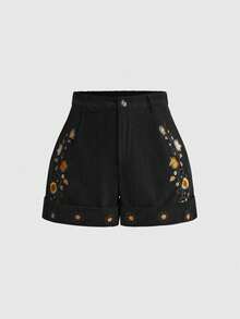 ROMWE Hippie Quần short túi thêu hoa cổ điển cỡ lớn, trang phục mùa hè thanh lịch - màu đen - Xem 1