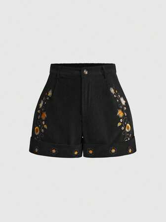 Hippie Short à poches avec broderie florale rétro grande taille, vêtement d'été élégant