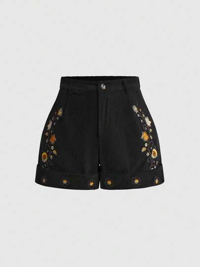 ROMWE Hippie 大码复古花卉刺绣口袋短裤，优雅夏装