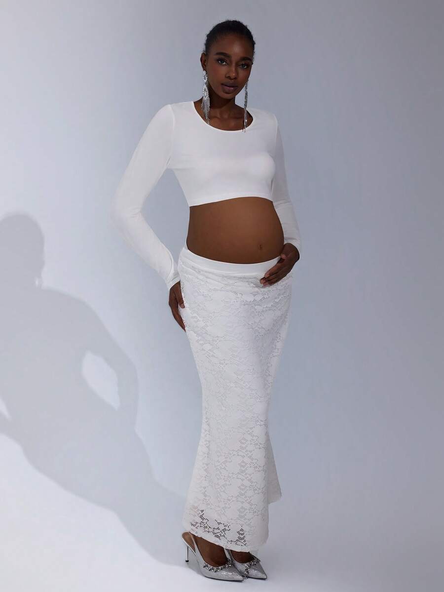 Cheriluna Maternity Maternity Lace Long Sleeve Maxi Dress, 2pcs Set For Pregnancy Photo Shoot - White - View 1