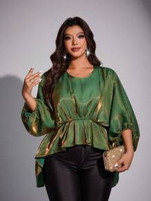 Viva Relle Plus Size Women's Elegant Date Night, Party, Daily, Commute, Music Festival Bat Wing Tie Waist Shiny Fabric Ruffle Design Blouse - Mint Green - View 5
