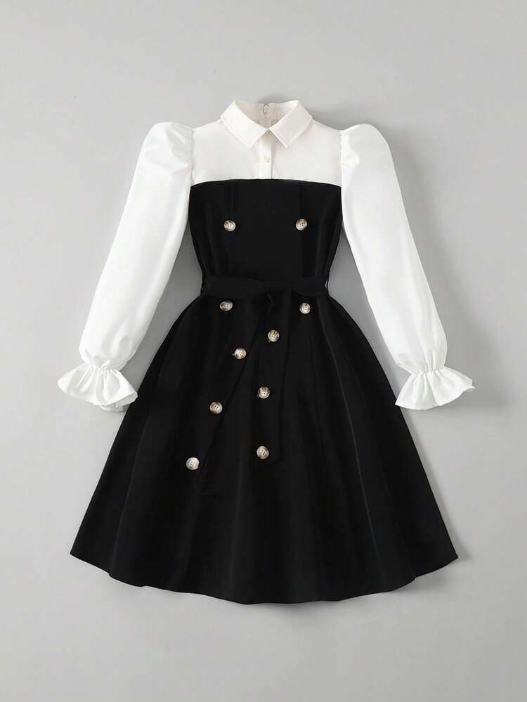 Tween Girl Woven Contrast Color Collar Long Sleeve Casual Dress