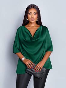 SOLERSUN Christmas Plus Size Women's Fashionable Solid Color Elegant Mock Neck Stylish And Sophisticated Batwing Sleeve Blouse Summer - Dark Green - View 4