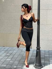 MainGRL 黑色波点侧开衩休闲修身七分裤，女士款，新年女装，休闲女装 - 黑色 - 查看 7