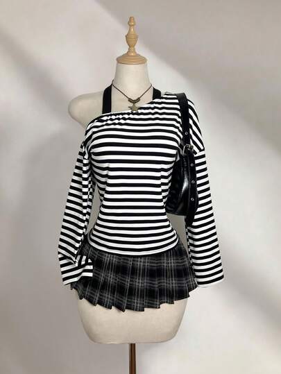 Elamini 女士休闲日常通勤时尚街头黑白条纹不对称领口系带卫衣，春秋季