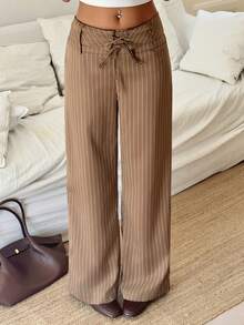 Flirla Pantalon large à taille basse rayé marron pour femmes avec ceinture, nœud papillon et œillets décoratifs. Élégant pour un usage casual et les déplacements quotidiens en automne/hiver - Tabac - Voir 4