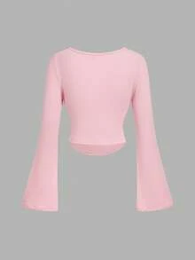 SHEIN MOD 3 chiếc áo thun nữ cổ tròn tay chuông màu trơn thời trang xếp ly - Màu Hồng  San hô - Xem 7