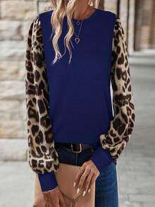 SHEIN LUNE 春夏圆领泡泡袖灯笼袖撞色豹纹休闲度假长袖T恤 - 寶藍色 - 查看 4