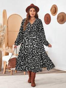 SHEIN LUNE 大码秋季女装豹纹V领长袖优雅开衩连衣裙，秋冬/感恩节女装/万圣节服装/长款女装/秋季曲线感恩节服装/节日服装/节日派对连衣裙/大码豹纹连衣裙/猎豹纹连衣裙/长袖中长连衣裙/秋季女装/中长连衣裙/动物纹连衣裙/豹纹中长连衣裙 - 灰色 - 查看 3