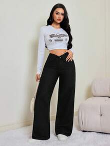 SHEIN Tall 女士翻折腰阔腿宽松休闲牛仔裤 - 黑色 - 查看 3