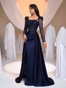 Aureia 优雅奢华的珍珠亮片花卉泡泡设计薄纱长袖鱼尾长裙，高开衩，适合婚礼、派对、度假、舞会、晚礼服（重工装饰） - 藏蓝色 - 查看 8