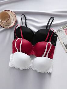 3入組蕾絲拼接鋼圈胸罩 - 彩色 - 查看 6