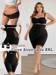 SHEIN CURVE+ Plus Size Women Solid Color Mesh Patchwork High Waist Shaping Shorts/2026 /New Year Women Curve Plus Clothing