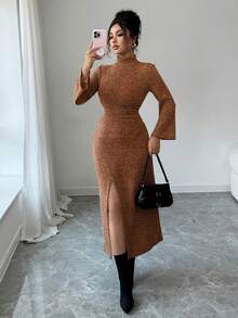Modelyn Vestido de punto ajustado con cuello alto y abertura, otoño/invierno - Naranja - Ver 6