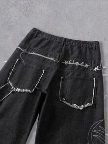 Manfinity Denimwave Quần Jeans Denim Đen Thêu Rách Vá Thời Trang Đường Phố Thường Ngày Cho Nam - màu đen - Xem 4