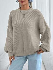 EURMUSE Women Solid Color Round Neck Drop Shoulder Chunky Pullover - Beige - View 7