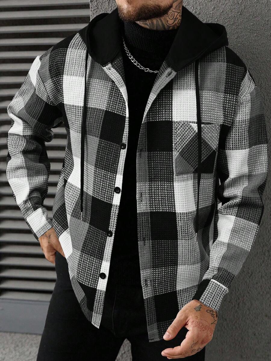 Manfinity Homme 男士休閒黑白格紋連帽襯衫外套,冬季格紋針織鈕扣開襟襯衫外套,長袖街頭風,適合城市度假與日常休閒 - 灰色 - 查看 1