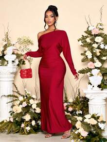 SOLERSUN Đầm ôm body tay dài cổ lệch thanh lịch dành cho nữ, thích hợp cho tiệc Giáng sinh, nghỉ dưỡng và hẹn hò - Màu Đỏ Sâu - Xem 8